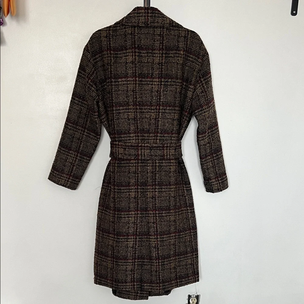 Express Tan Red Navy Tweed Plaid Coat - Picture 6 of 12